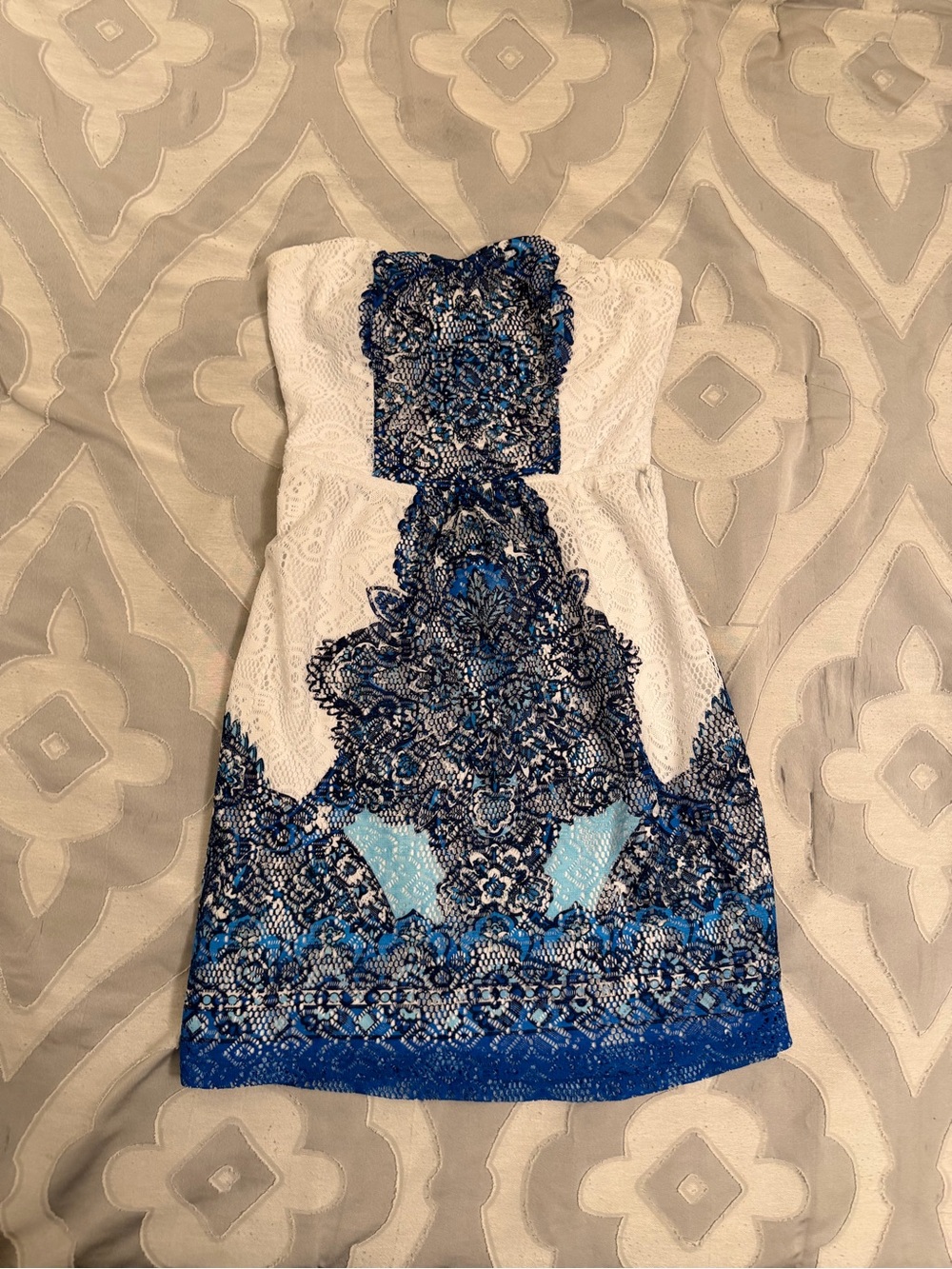 White and Blue Strapless Dress cut out back beach pool